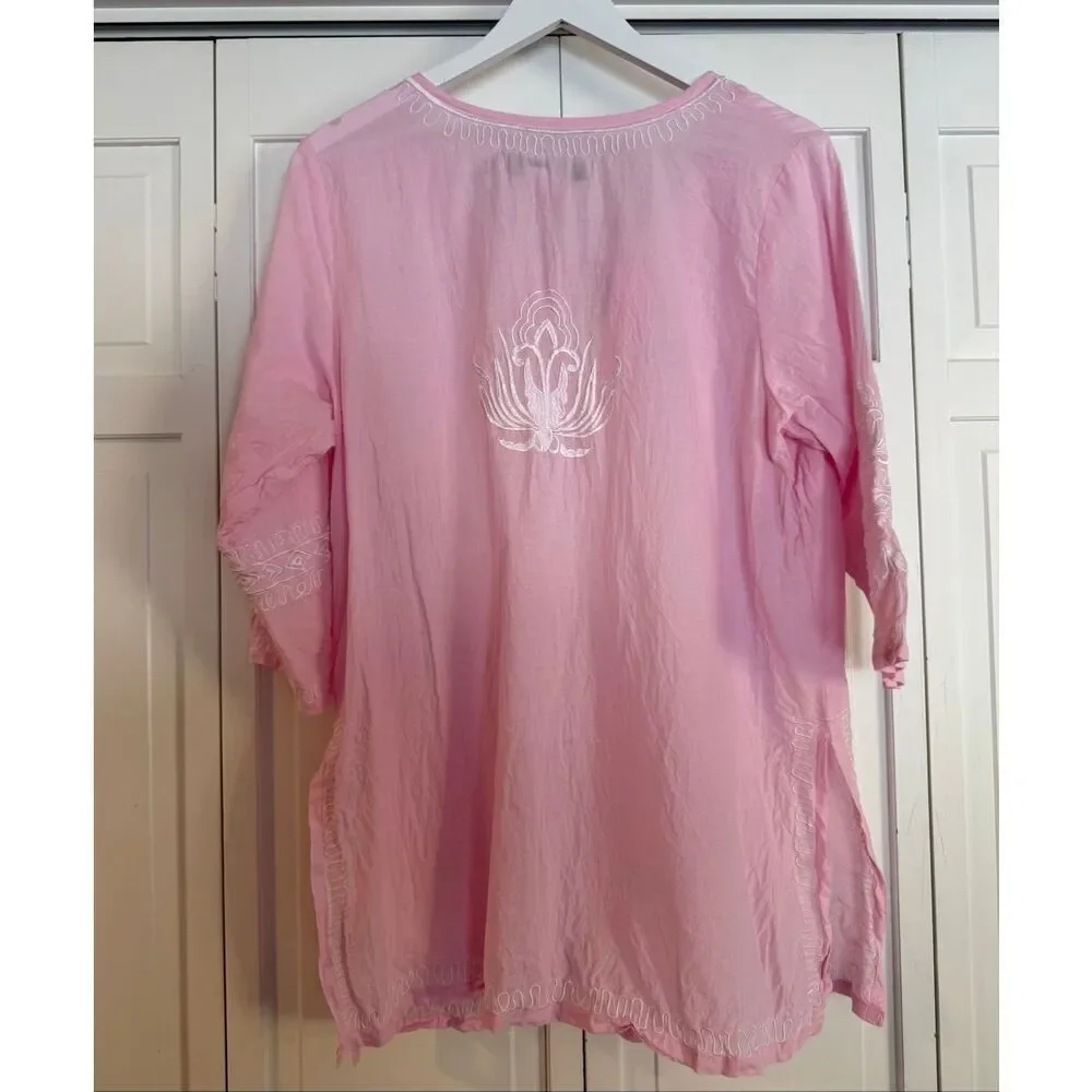Gretchen Scott pink embroidered tassel tie tunic blouse size large